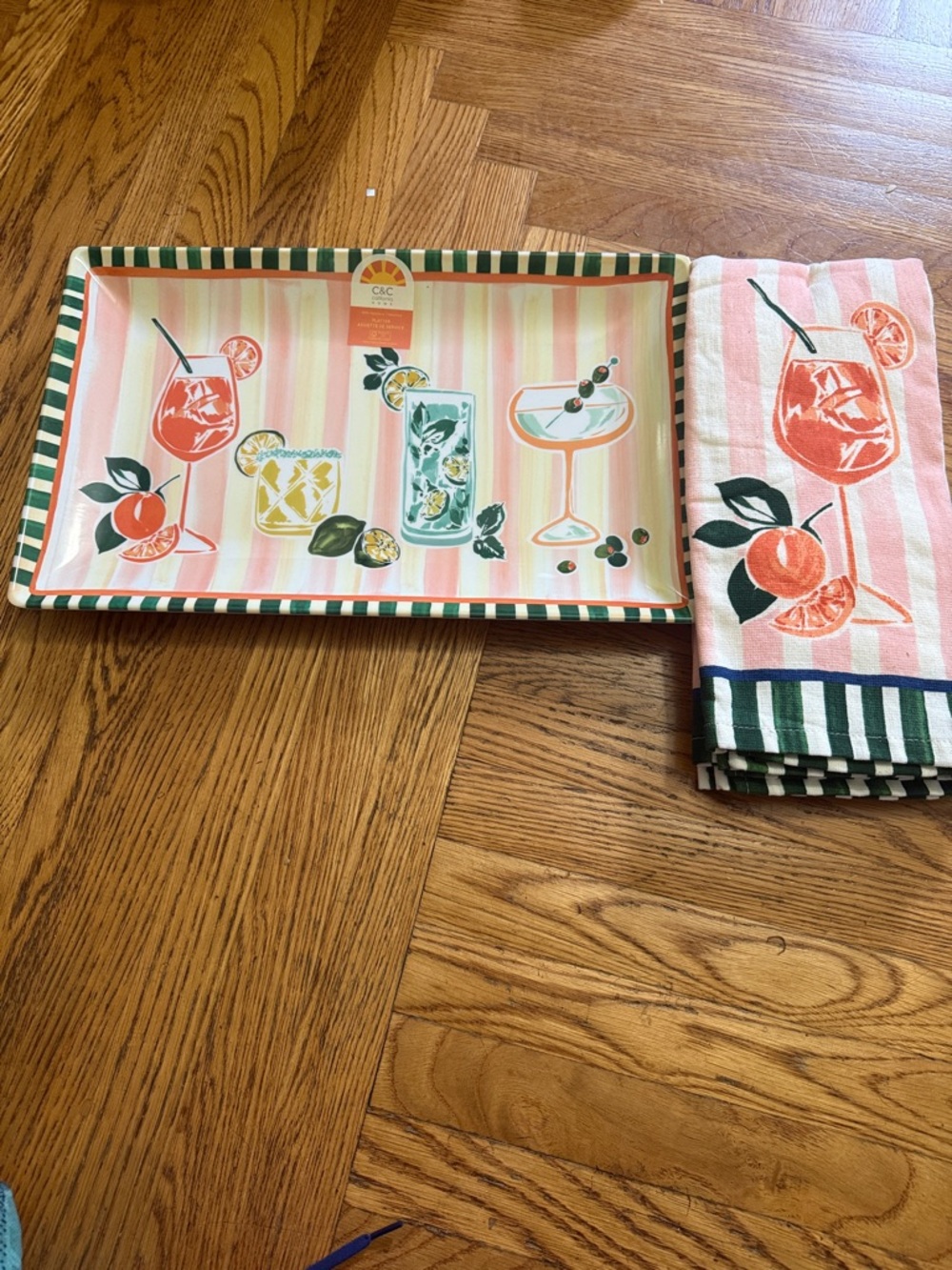 C.C Pink and Orange Striped Citrus Cocktail Kitchen Towel New